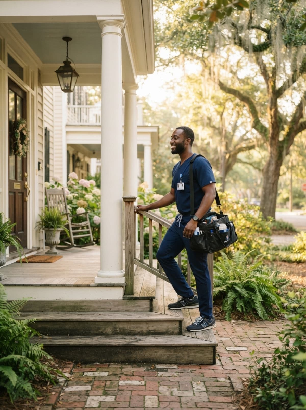 A home health therapist arriving at a patient's home in Acadiana